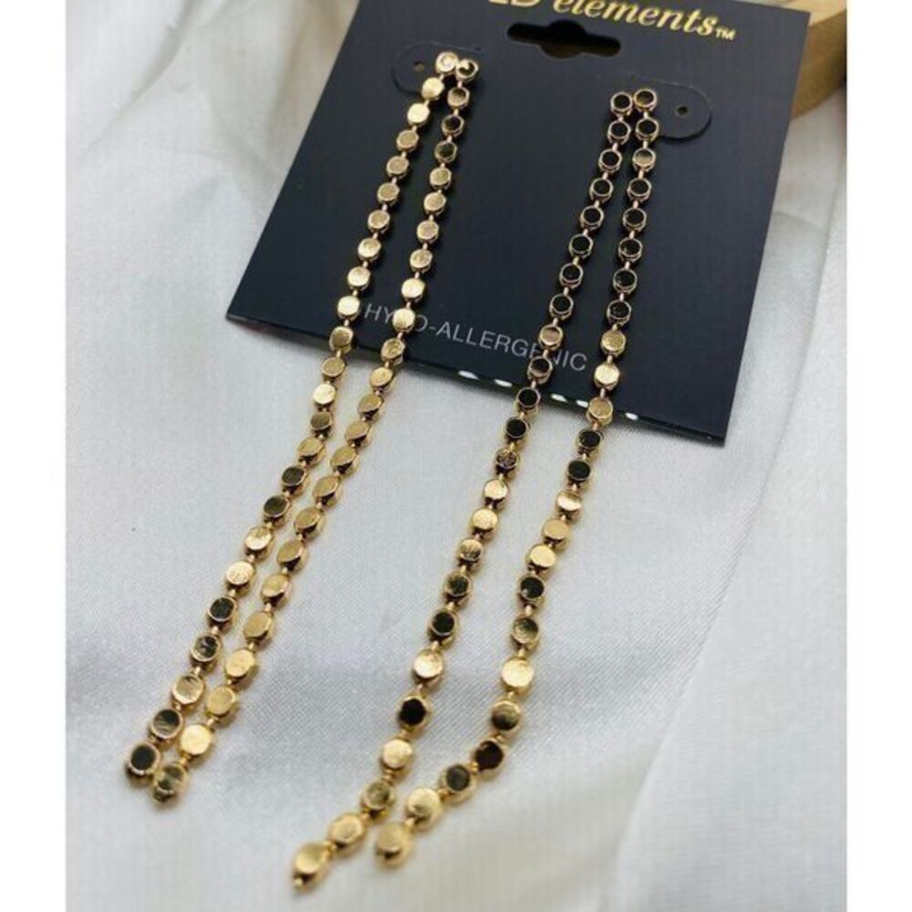 Gold toned long elegant dot chain dangle earrings